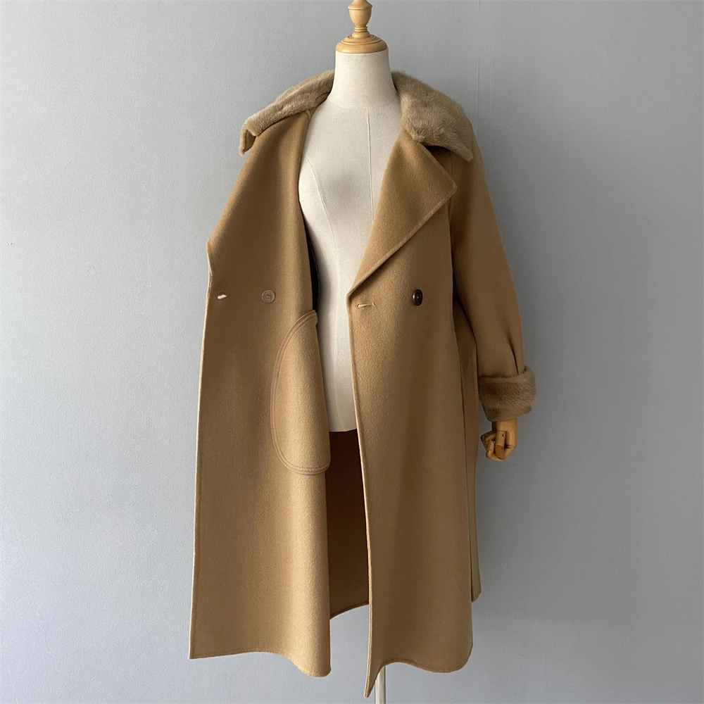 Soft Warm Slim Fit Long Style Double Faced Cashmere Coat Belt Luxury Women Winter Custom Logo Real Mink Fur Coat 100% Wool