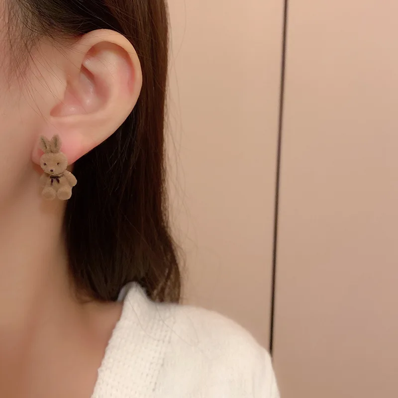 Winter Anime Bunny Stud Earrings Piercing for Woman All Match Cute Plush Rabbit Earrings Cartoon Popular Flocking Party Jewelry