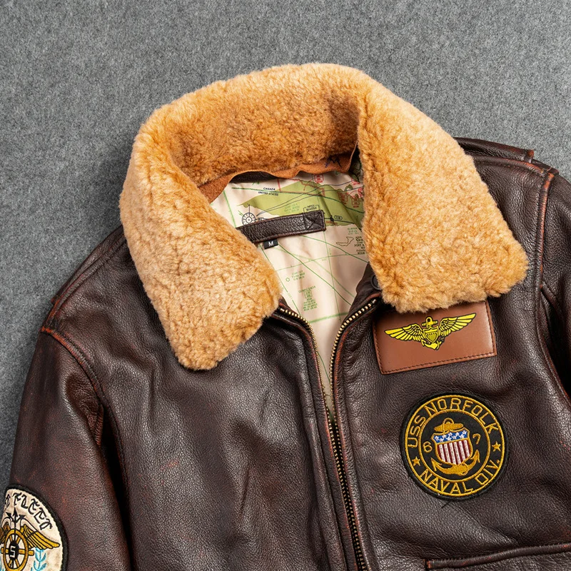 PDEP plus size 5XL military mens pilot jacket and coat brown genuine leather fur collor bomber winter jacket for men
