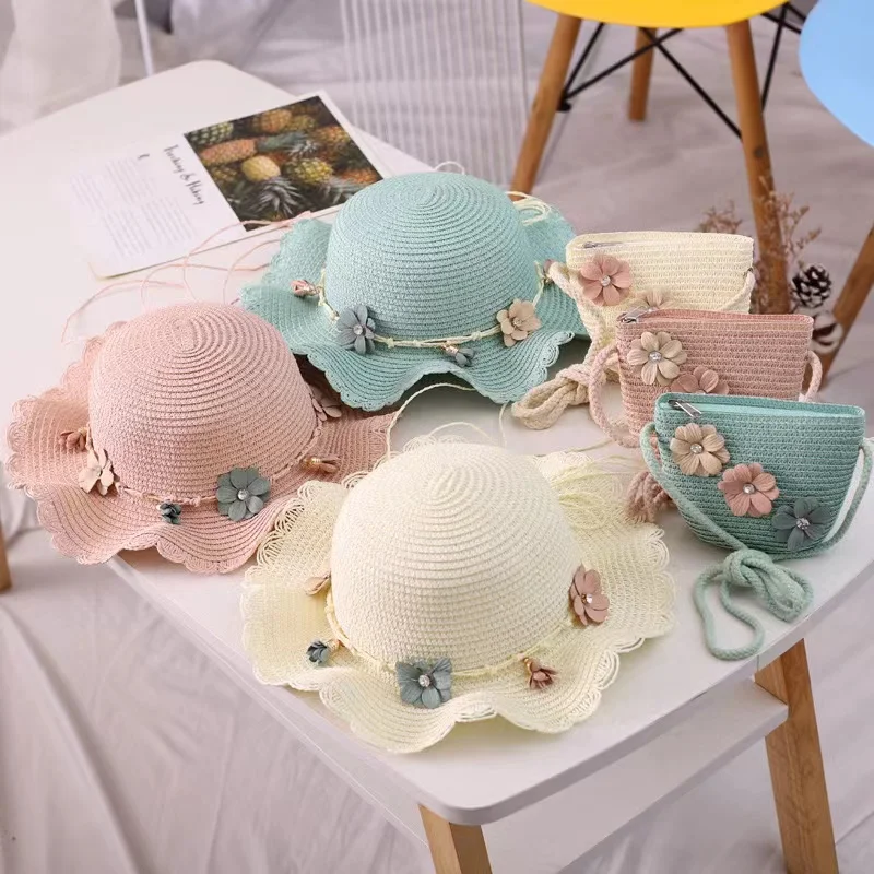 2024 new Summer Baby Flower Breathable Hat Straw Hat With straw kid shoulder bag for girl