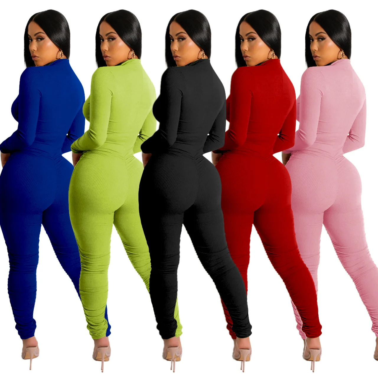 Sexy women jumpsuits Amazon new fall winter threaded zipper V neck butt lift sexy women jumpsuit 2023 jumpsuit