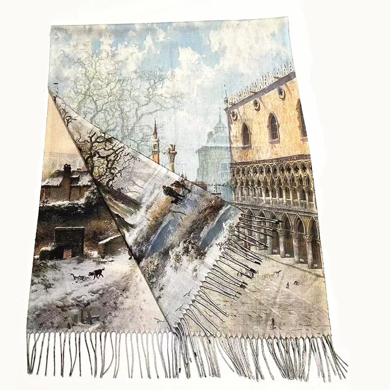 customized  winter warm double sides print cheap digital print mens designer pashmina scarf painting cashmere