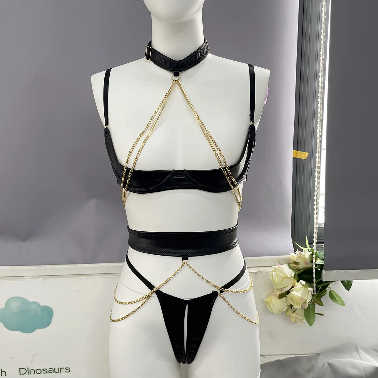 Sensual Leather Lingerie Half Cup Bra Kit Push Up With Chain Sissy Crotchless Naked Bilizna Outfit Fetish PU Uncensored