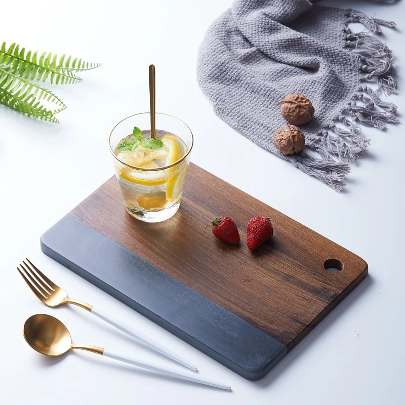 Hot Sale Black Slate Food Platter White Marble Solid Wood Cutting Board For Kitchen Cheese Charcuterie Dinner Serving Tray