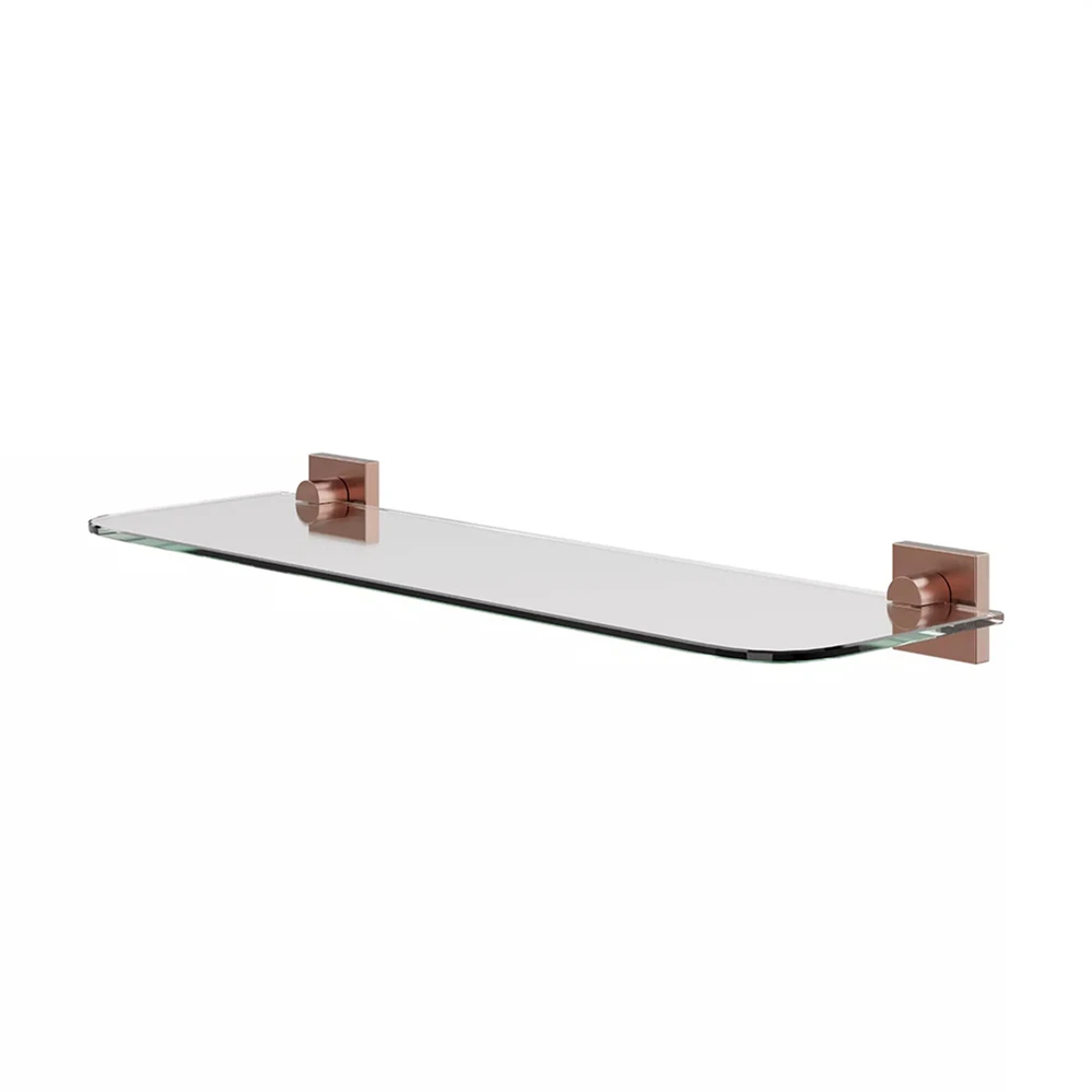 Single Layer Glass Shelf Brushed Rose Gold Finished Wall Mounted Bathroom Glass Shelf