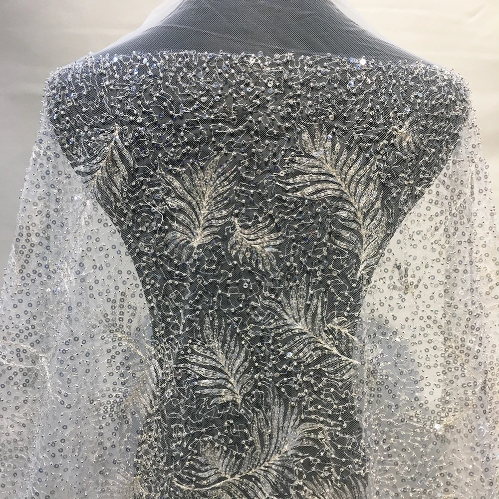 Custom Wholesale Price Sequins Luxury Bridal Lace Fabric White Ivory Silver Beaded Embroidered Lace Fabric