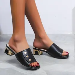 2022 Thick Heel Flat Slippers Female Large Size Square Head Open Foot Slippers with Metal Heel Elegant Italian Women Party Shoes