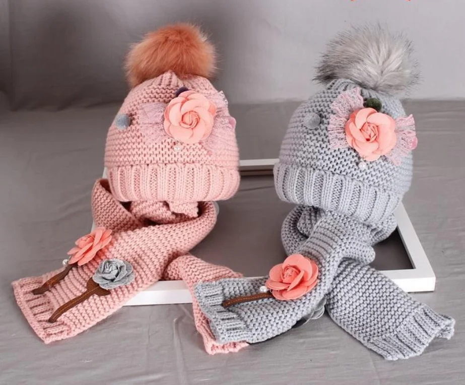 Baby Girls Knitted Hat Scarf Set Boys Kids Warm  Faux Fur Pom Crochet Skull Cap Beanie Hats