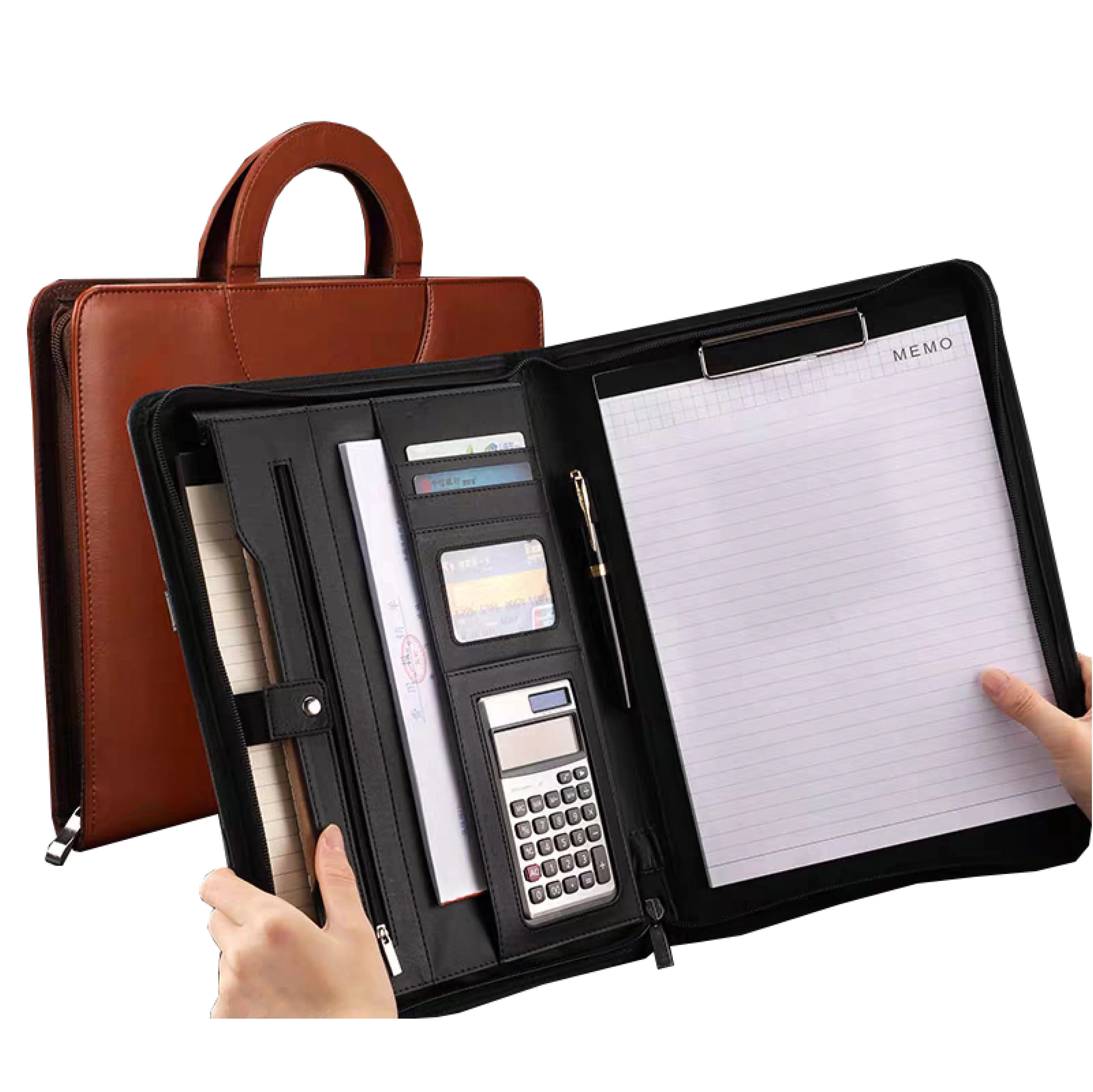 Custom logo briefcase A4 pu leather notebook portfolio business office calculator stationery zipper file folder