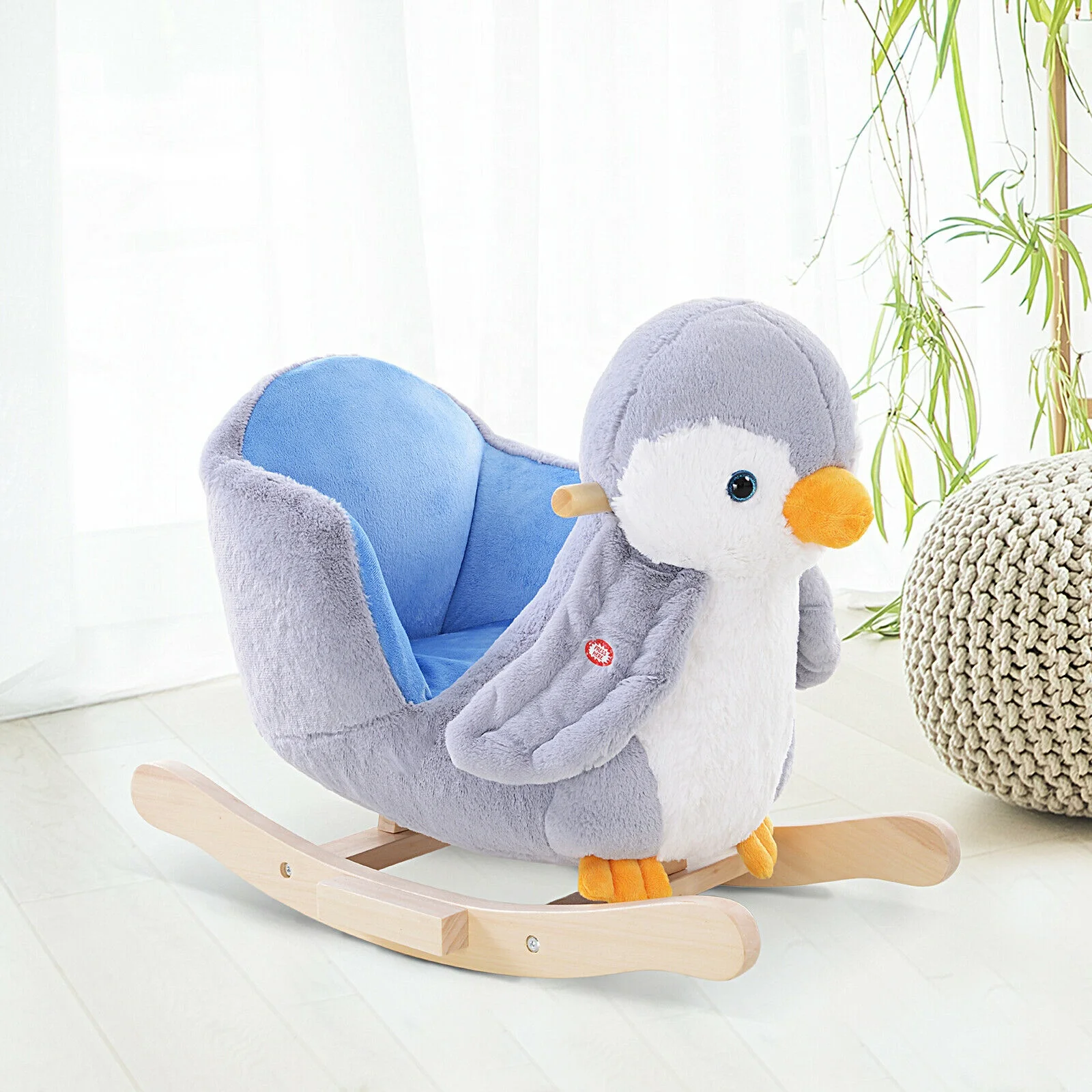 Customized logo promotional hot sales plush baby rocking chair in penguin shappe with 32chords baby lullaby music