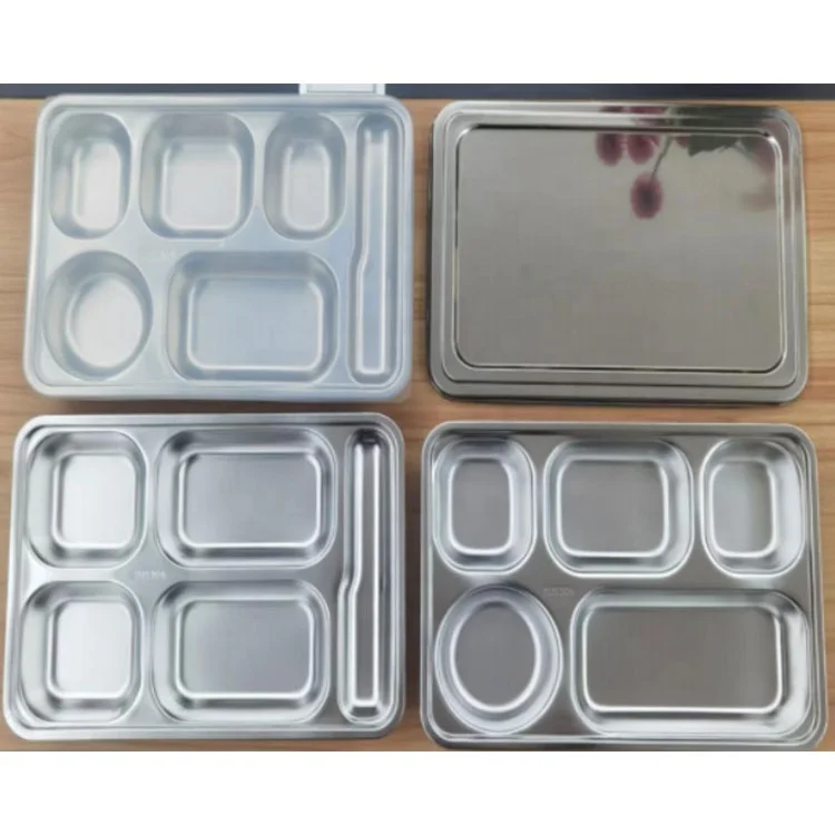 Food Grade High Quality Stainless Steel 5/6 Compartment School Lunch Tray Dinner Plate Fast Food Serving Tray