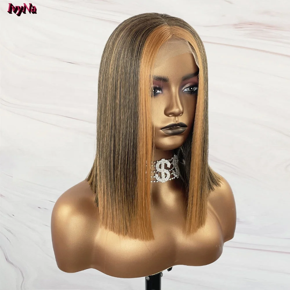 
 Fashion 2 Tone Color Straight Bob Hair Wig For Black Women Synthetic Futura 13x4 Lace Front Wigs For Summer Daily and Party  