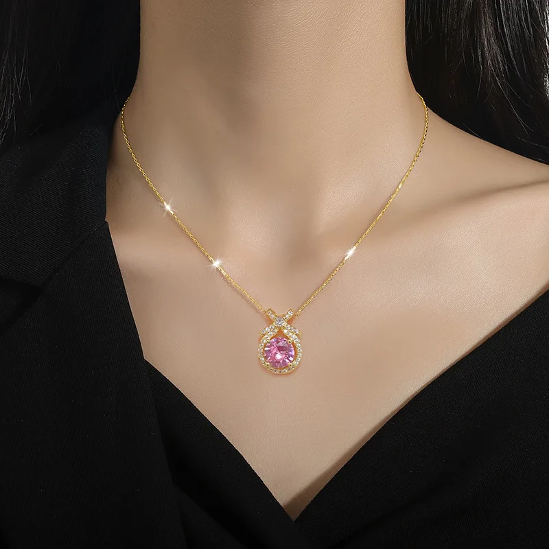 Fashion 18k Gold Plated Stainless Steel CZ Bowknot Pink Round Cut Zircon Pendant Necklace and Earring Jewelry Set for Women