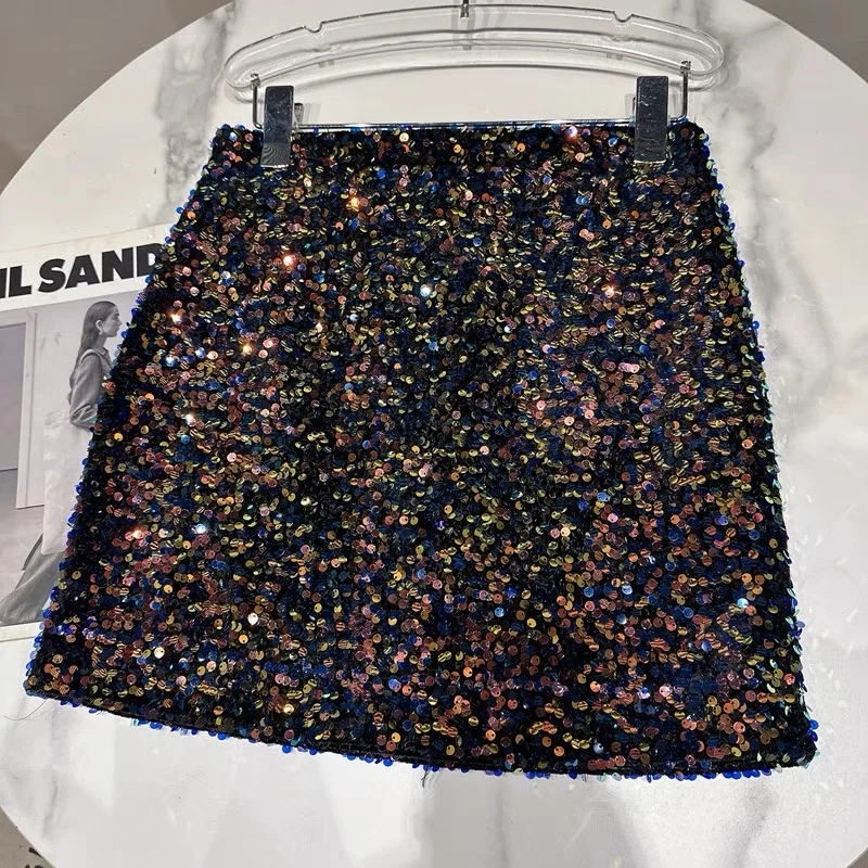 OUDINA Hot Sale Wholesale Nightclub Crystal Rhinestones Sequined Shiny Short Skirt Sequin Mini Ladies Skirts