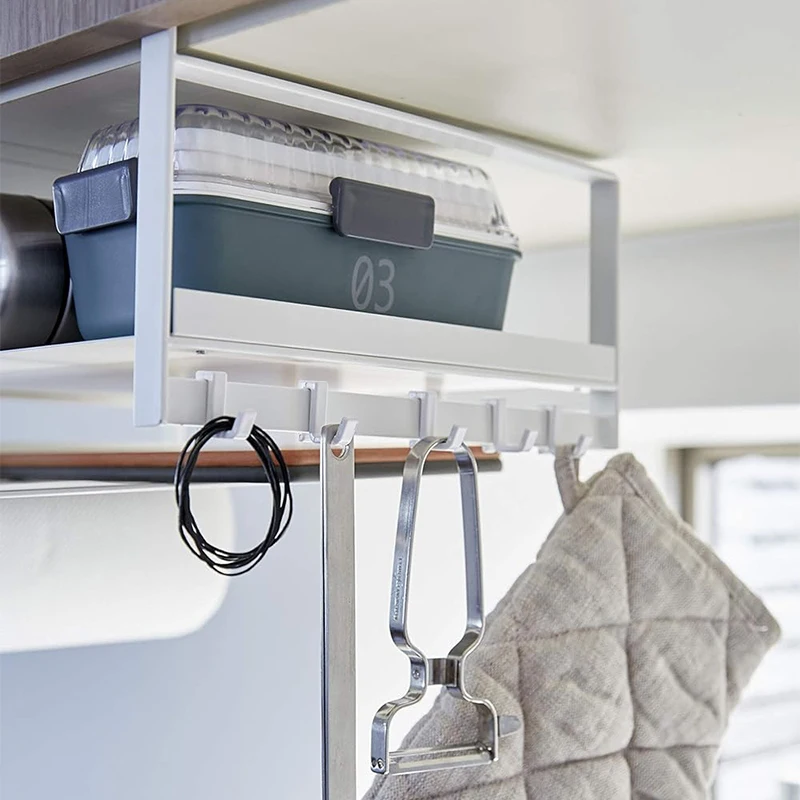 With hook steel unique cupboard Hanging Basket Shelves Under Rag Roll paper organization holder Kitchen utensils storage rack