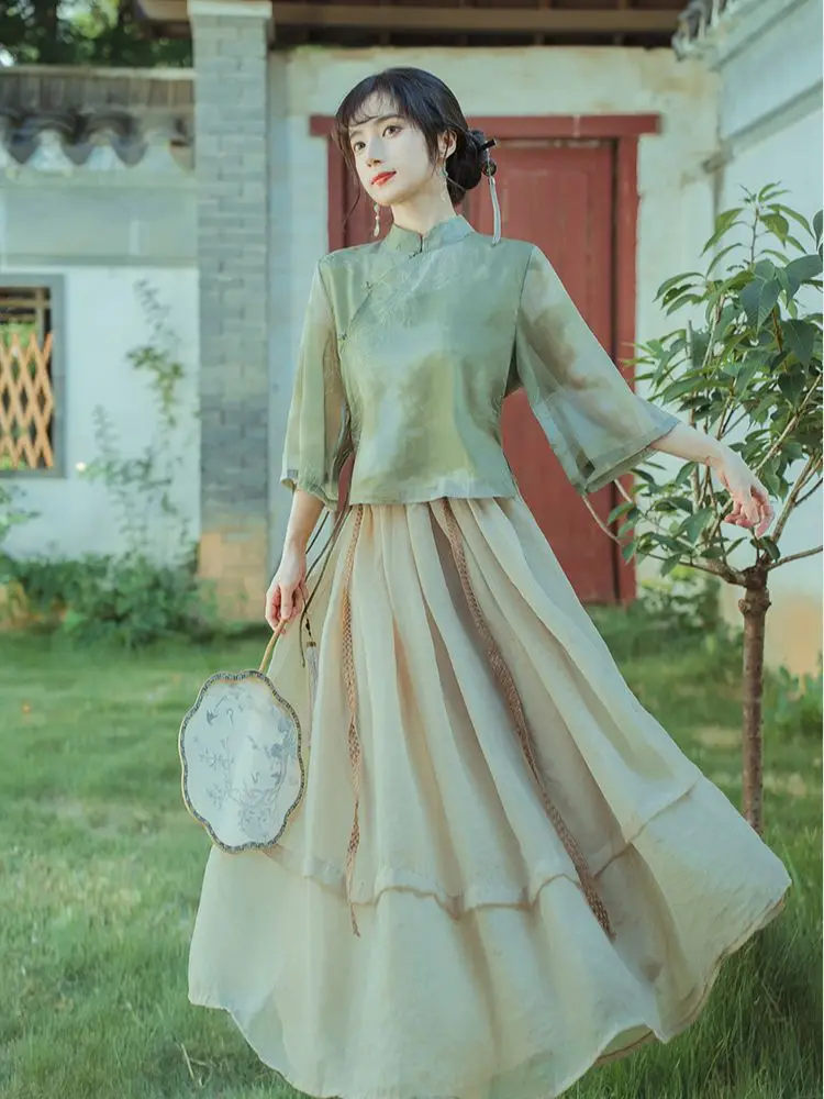 2024 Hanfu винтажный комплект из 2 предметов сценическая одежда обновленные старинные костюмы для выступлений с воротником-стойкой платье принтом чернил