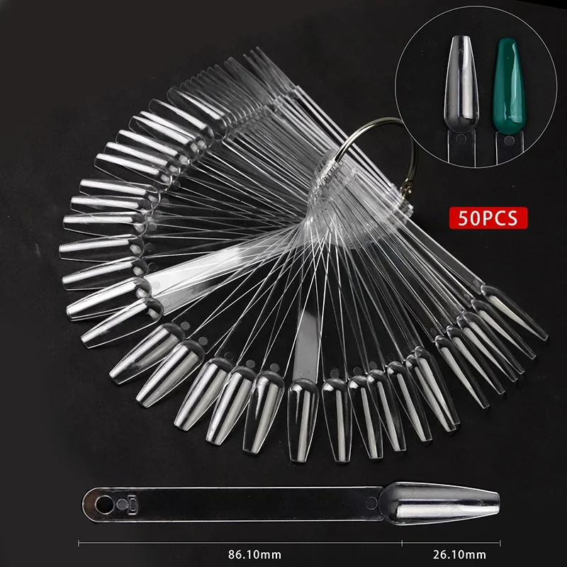 50pcs False Nail Tips Nail Art Fan Shaped Palette Card Display Acrylic Practice Color Chart For Nail Polish With Ring Clear