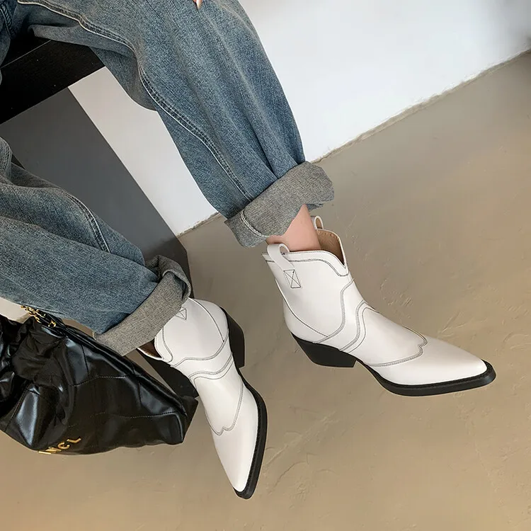 Cialisa White Autumn Winter Genuine Leather Designer Shoes Women Pointed Toe Chunky Mid Heels Ankle Boots Western Cowboy Boot