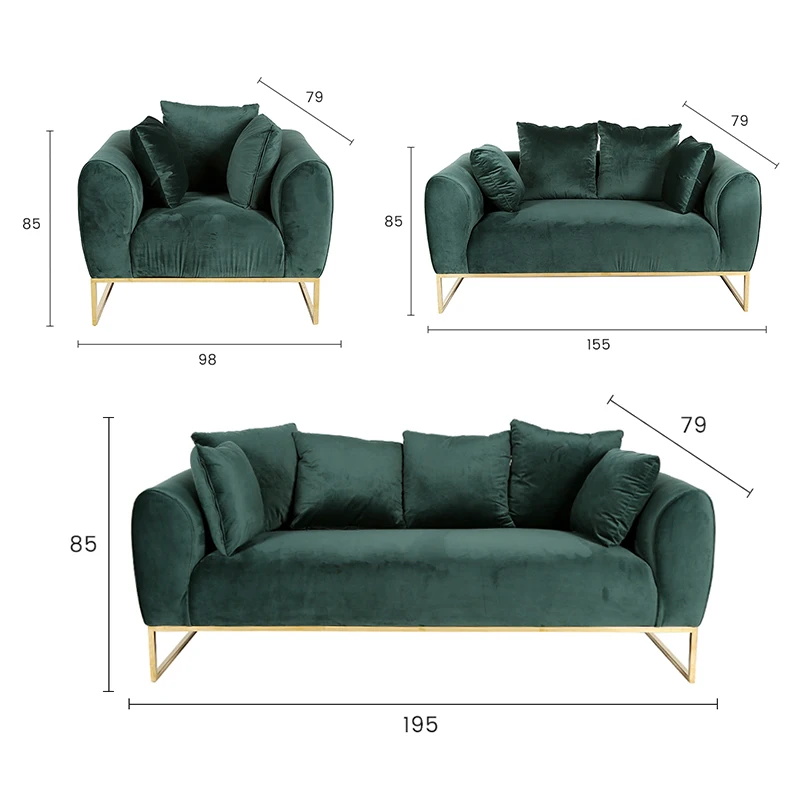 Family Sofa Sets European Modern Single Seat Furniture Velvet Fabric Cover couch living room sofa set with golden leg