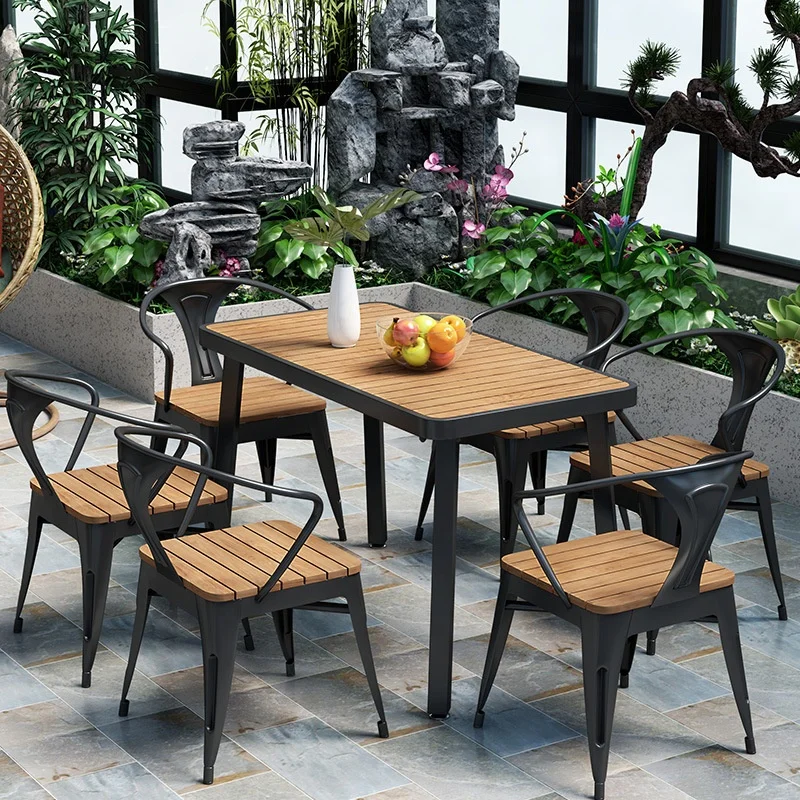 Outdoor Table and Chair Set Plastic Wood Table and Chair Balcony Garden Garden Leisure PS Outdoor Furniture Modern as Photo