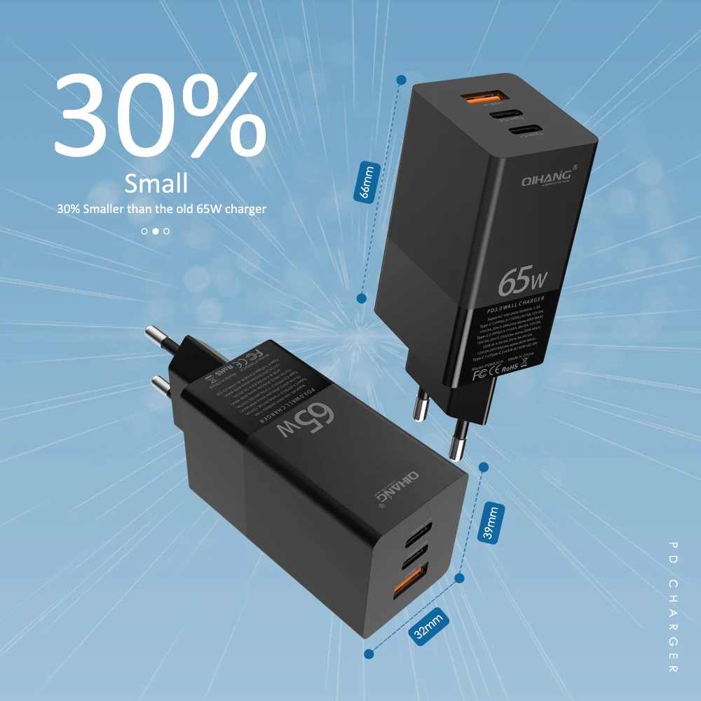 Fast Charging 65w  PD Charger PD GaN Wall USB Charger GaN Charger 65w QC 4.0 PD Charging for IPhone Ipad Macbook pro