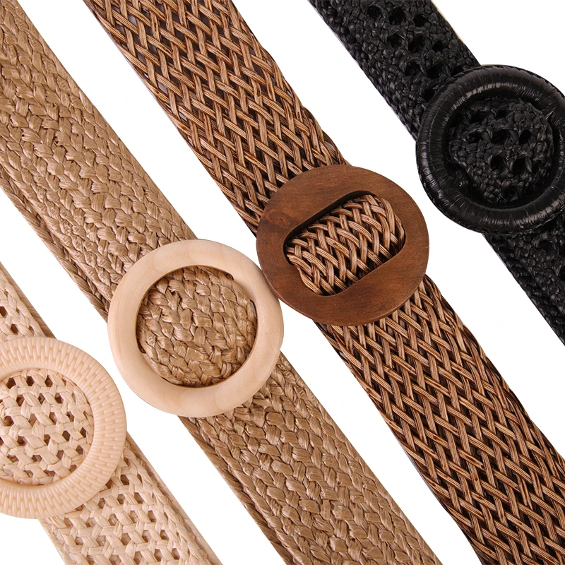 Women PP Straw Woven Stretch Waist Belt Skinny Boho Ladies Braided Dress Belt With Wooden Style Resin Buckle Rattan Style Gift