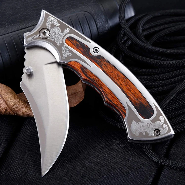 Free Sample Satin Polished Clip Point Hunting Color Wood Handle Folding Knife CNC Blade Skinning Knife Outdoor Camping Survival