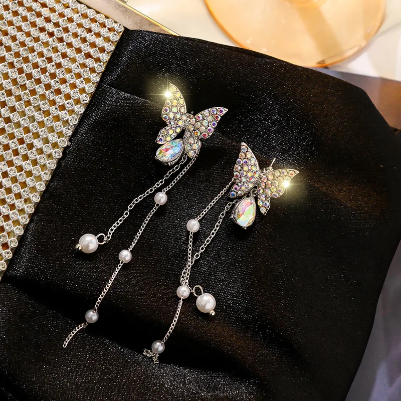 Fashion 925 Silver Needle Earrings Purple Diamond Butterfly Long Pearl Tassel Earrings