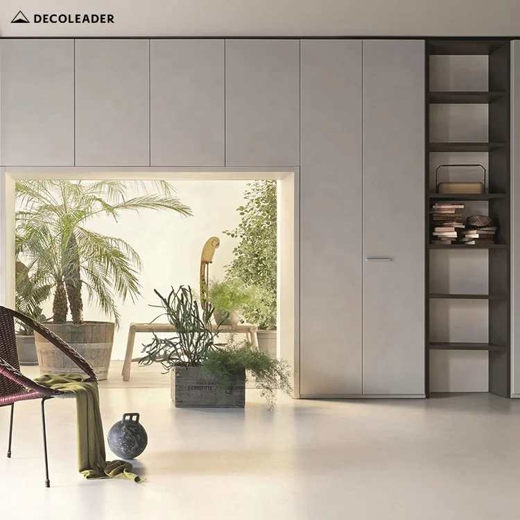 Modern Gray Dressing Closet Wardrobe with Flush Fitted Coplanar Sliding Doors