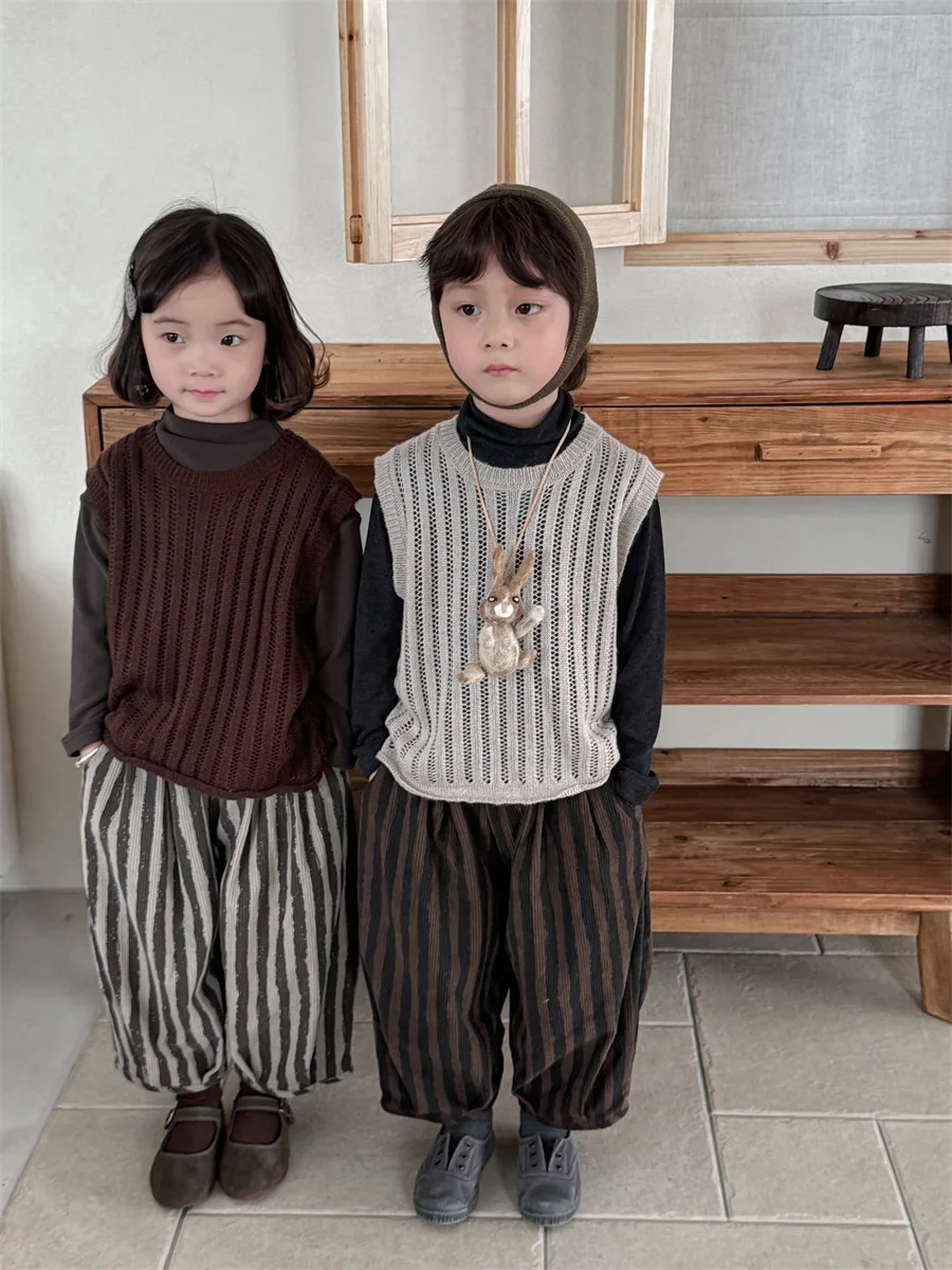 Children Autumn New Solid Color Knitted Tank Top for Boy Girl baby Forest style Retro Vest Top