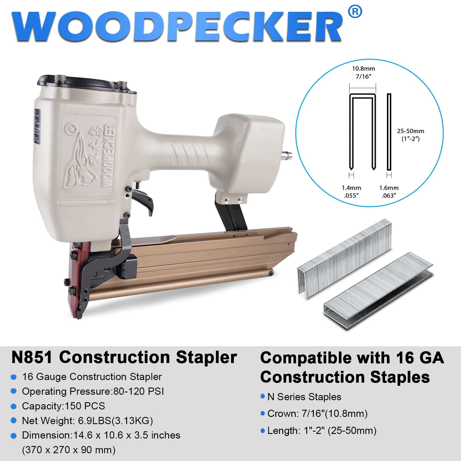 N851 16 Gauge Pneumatic Heavy Wire Stapler, 7/16-Inch Medium Crown 1 to 2-Inch Length Air Power N Wire Stapler