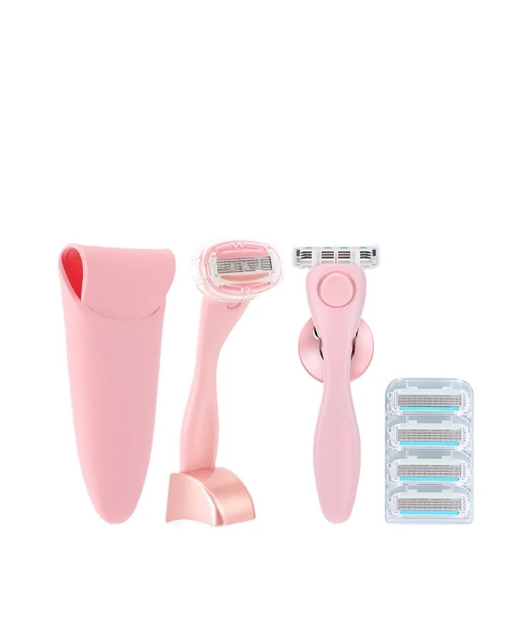 Private Label  Pivoting Replaceable  Four Blade Cartridge System Razor Metal Handle Women Pink Shaving Razor