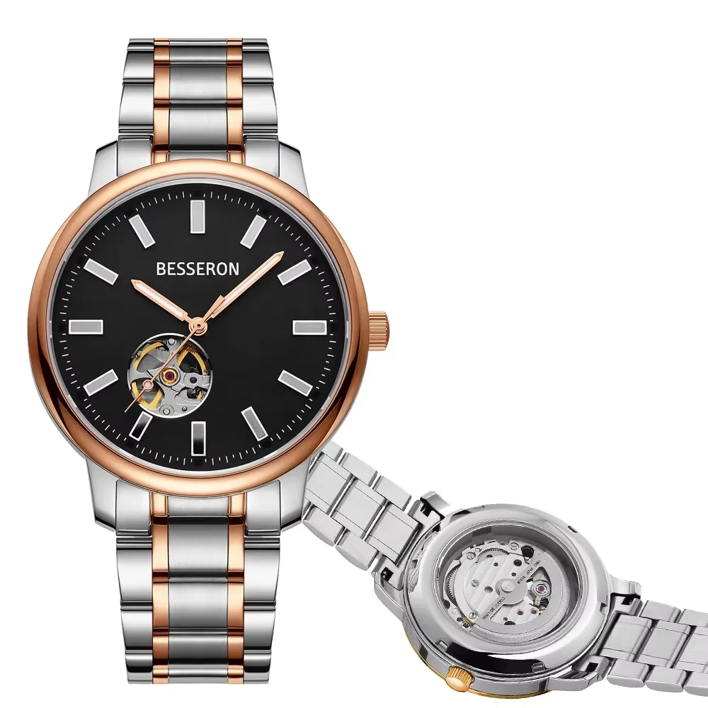 Hollow Out Mechanical Watches Japan 316L Stainless Steel OEM ODM logo Customize your name 42MM Gold Link Strap Wristwatch