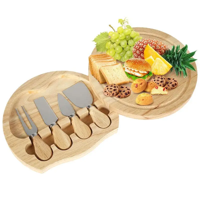 Personalized Kitchen Serving Charcuterie Oak Rubber Wooden Round Small Cheese Board with 3/4 Stainless Steel Knives Set