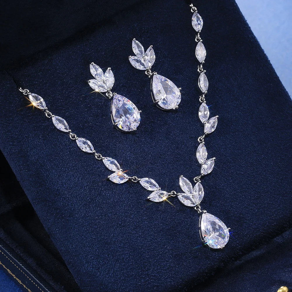 
Fashion Necklace/Earring Jewelry Set Women Wedding Party High Quality Gorgeous Pear Shape Shiny Zircon Valentines Gift 