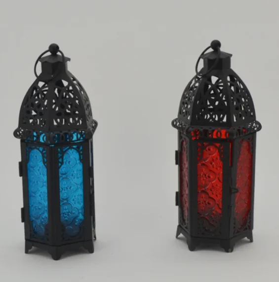 High quality Colorful Glass Moroccan candle lanterns decorative Antique Candle decorations Metal Lanterns