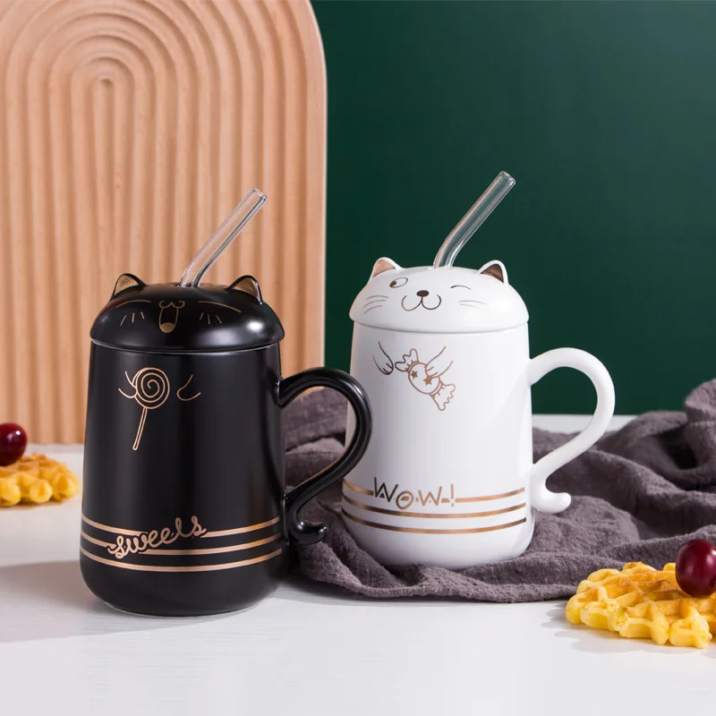High Quality Cute Cat Ceramic Mugs Cartoon Morning Mug Milk Coffee Tea Unique Porcelain Coffee Mugs with Lid Spoon