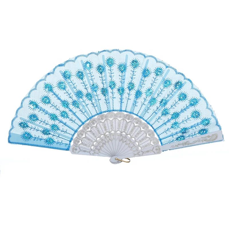 Elegant Embroidered Flower Peacock Pattern Sequin Fabric Handheld Floral Folding Hand Fans Wedding Hand-Crafted Gift Dance Fan