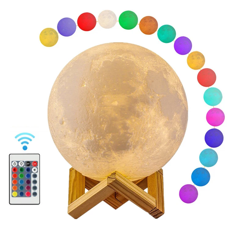 Moonlamp Kids Night Light 16 Colors LED 3D Star Moon Light with Wood Stand Remote & Touch Control USB Rechargeable