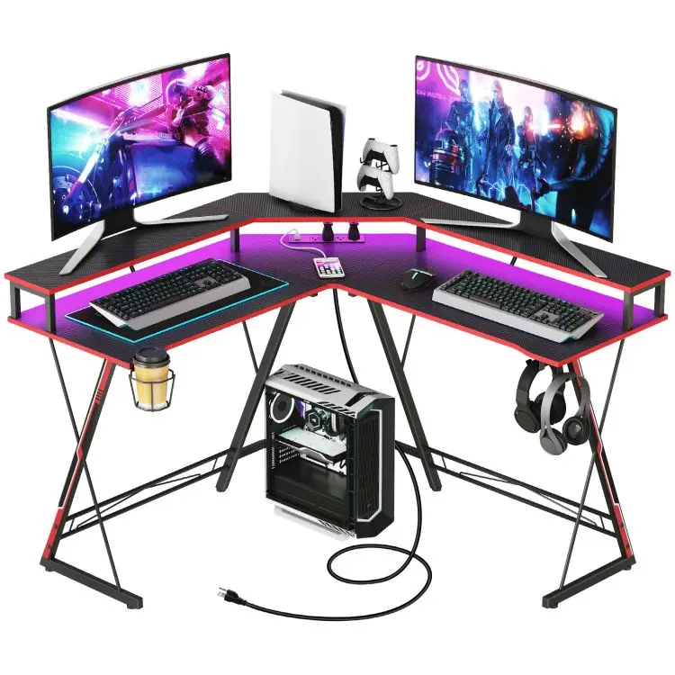 Оптовая продажа компьютерный игровой стол L-образной формы с розетками и светодиодными лампами стойка для монитора полка хранения угловой домашнего офиса wi