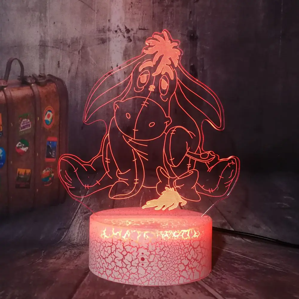 Home Decoration Cartoon Child Gifts Cute Gray Donkey Eeyore Crack Base 7 Colors Change USB Touch Acrylic 3D LED Lamp Night Light