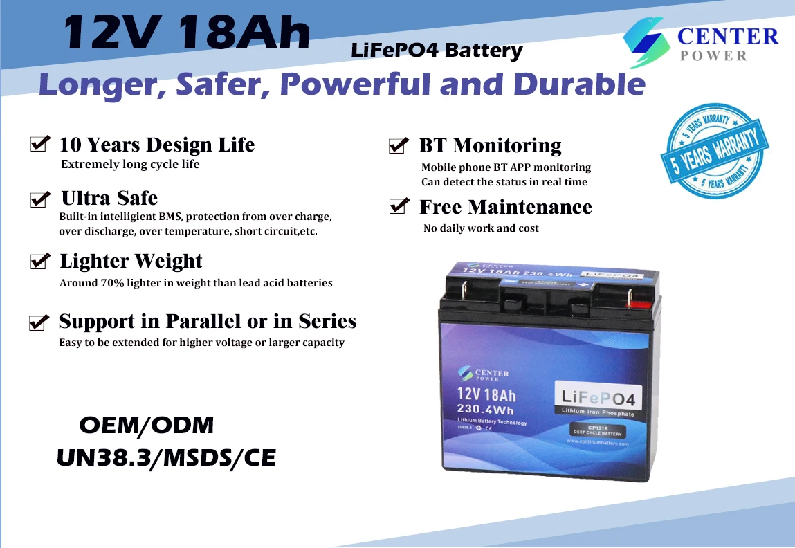 Center Power Small capacity 12 volt lifepo4 lithium ion battery 12v 18ah battery for fishing boat solar