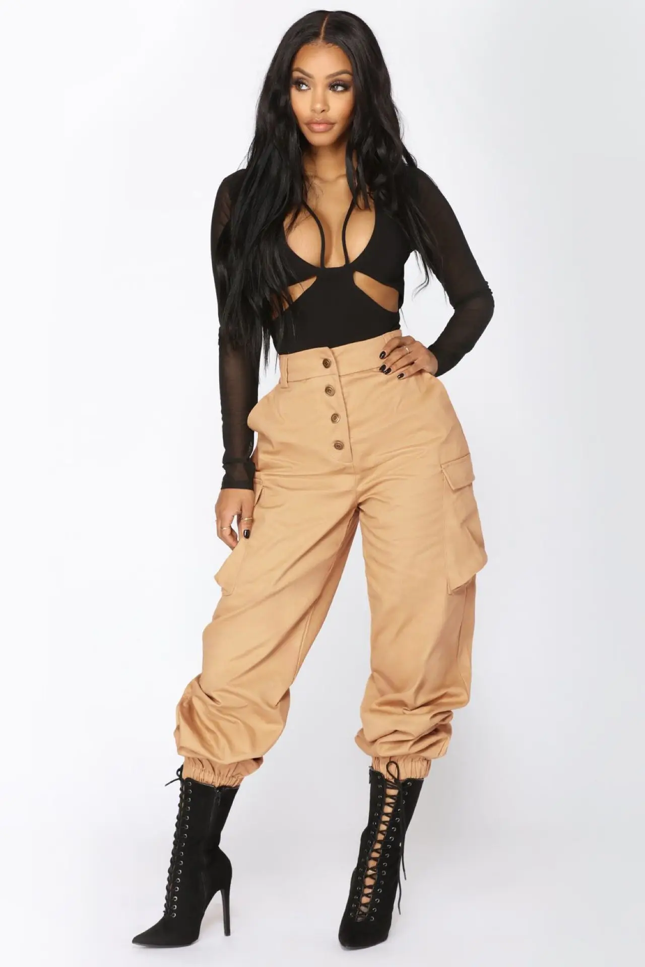 2022 custom logo dropshipping army green high waist casual cotton mix multi pocket streetwear black cargo long baggy pants women