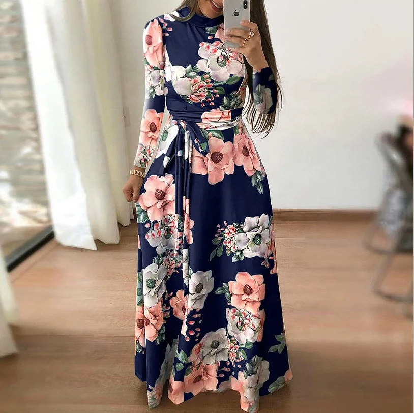 Women Summer Casual Long Skirt Sets Boho Floral Print Maxi Dress Turtleneck Bandage Elegant Dresses