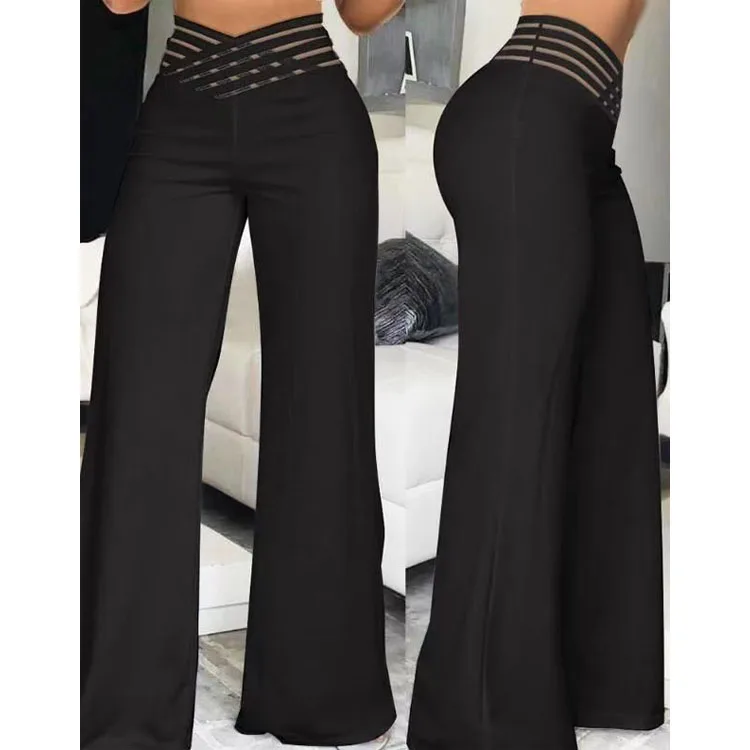 Elegant High Waist Flared Pants for Women Overlap Waisted Textured Crisscross Sheer Mesh Design Female Work Trousers