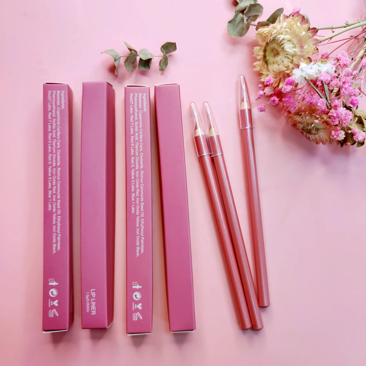 
Pink boxes private label no logo lipstick and lipliner set vegan lip liner 