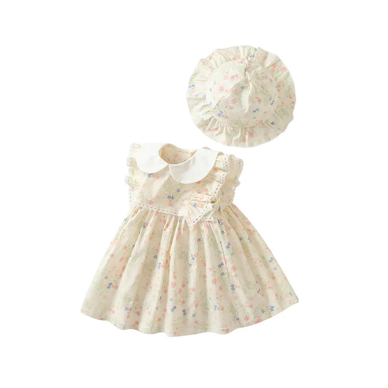 Summer New Design Korean Style Ruffled Baby Dress Hot Selling Soft  Cotton Floral Toddler Girls Dress With Hat