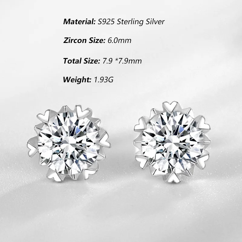 S925 Sterling silver Needle 18K White Gold Plated Snowflake heart-shaped  Studs earrings for Women