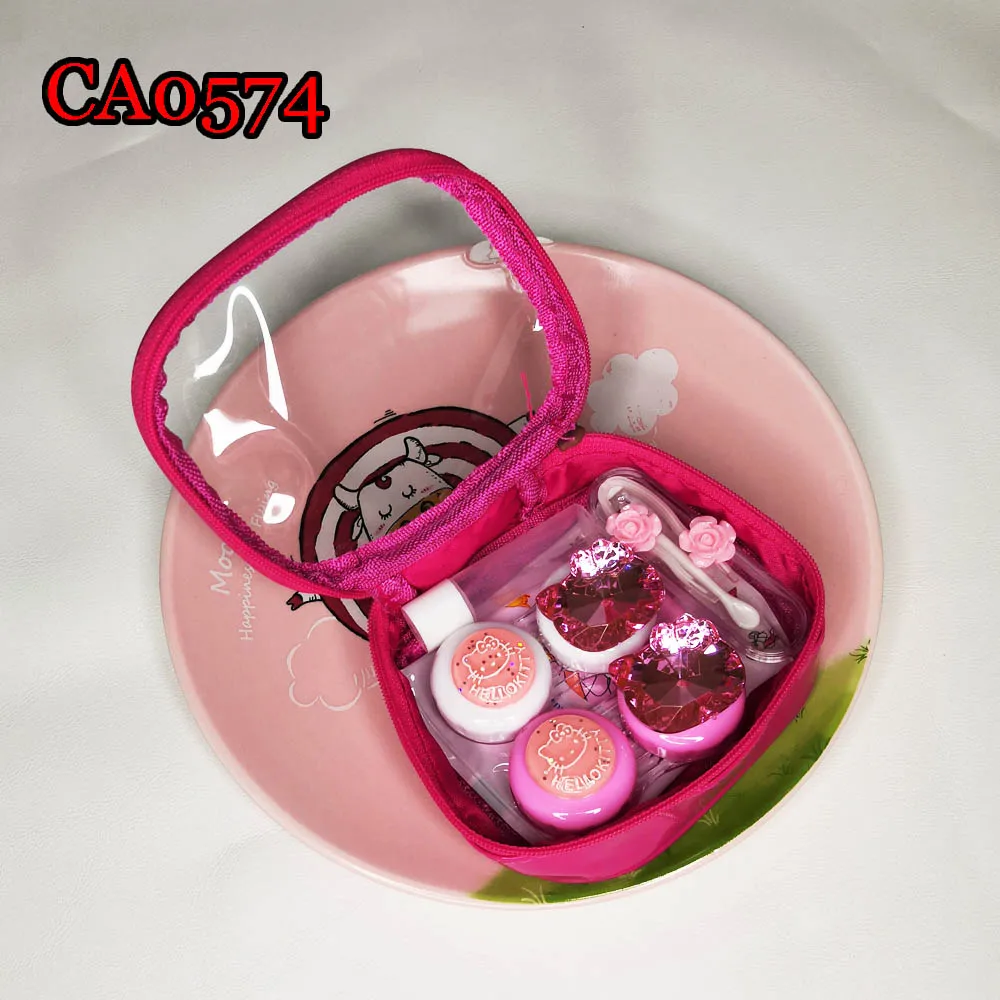 VIVIGO special pink sweety KT with diamond 2pairs set contact lens case, PU bag CA0574