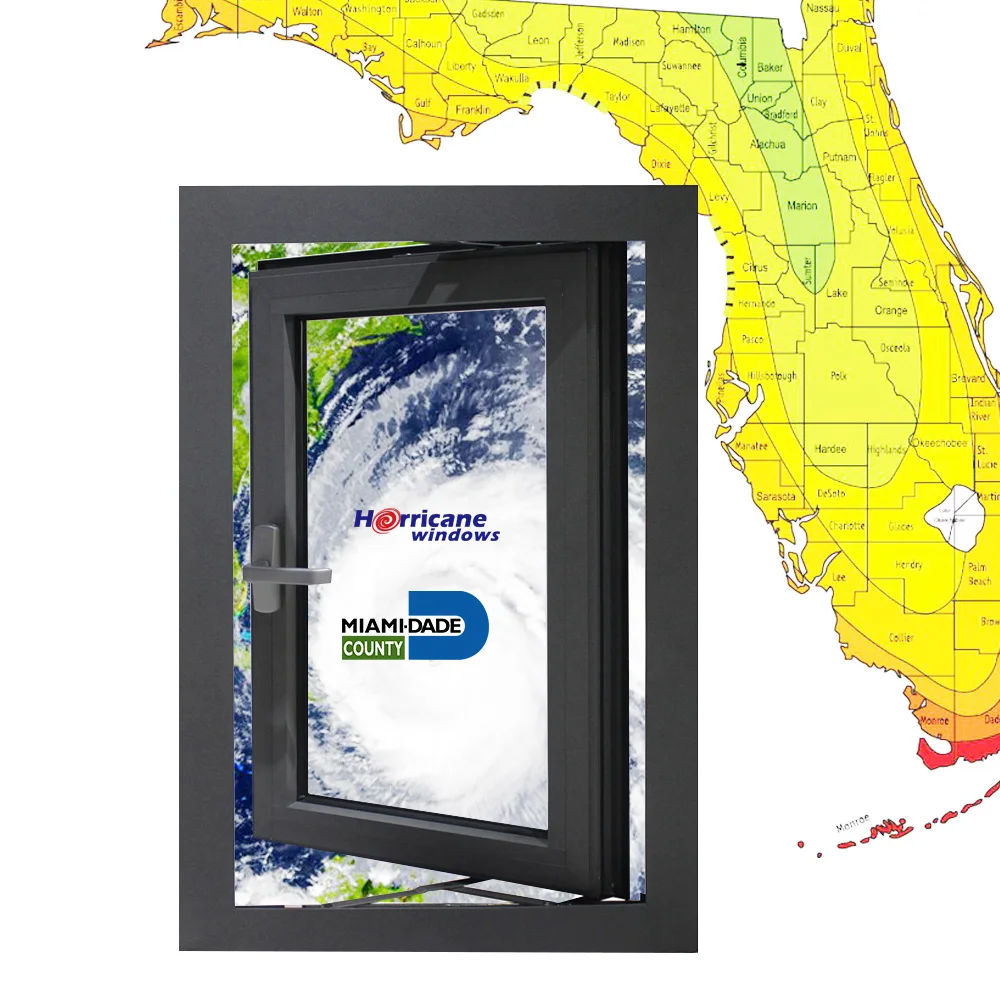 Customized Aluminum Hurricane Impact Insulation Laminated triple glazed casement window with fixed panels for villa